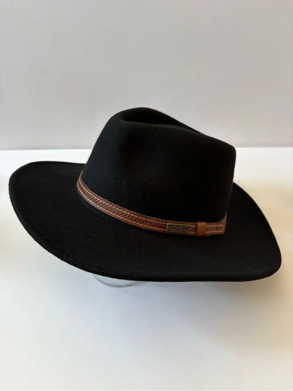 Redhead Wool Felt Fedora Outback Hat Black M Western Band Ranch Cowboy Teardrop